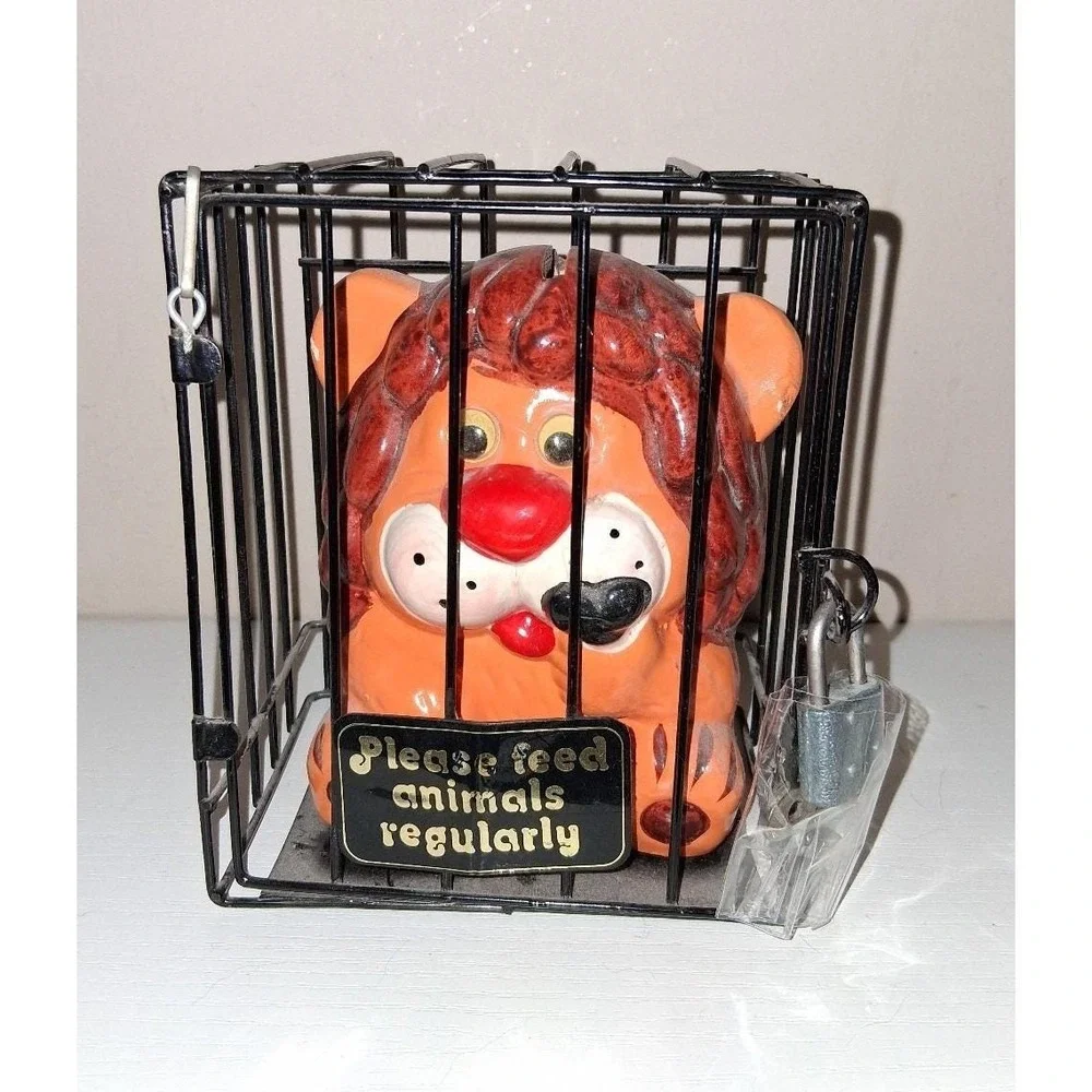 Vintage Taiwan Ceramic Lion Coin Bank in Locked Cage 